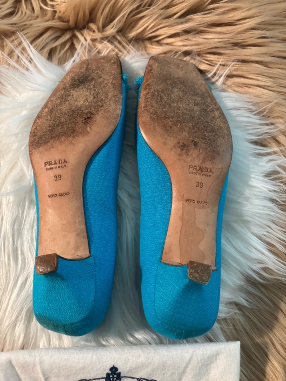 Prada Turquoise Canvas Pumps with Brown Square Toe - Picture 7 of 7